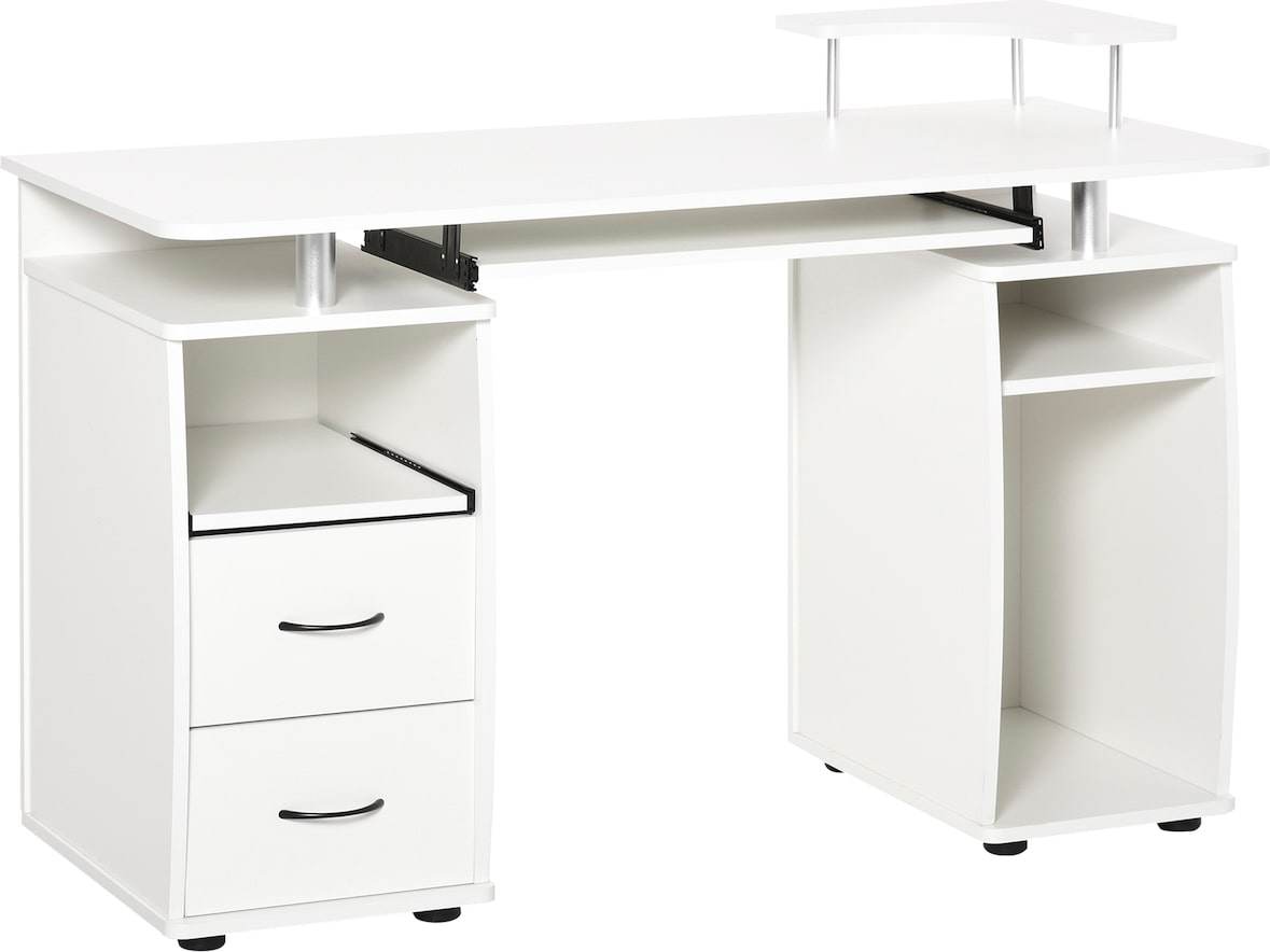 HOMCOM escritorio con estanterías mesa de ordenador con 2 cajones bandeja de teclado extraíble y soporte para monitor CPU para oficina 120x55x85 cm