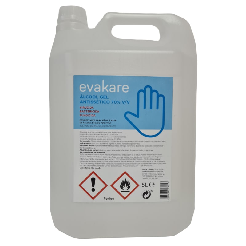 Evakare Álcool Gel Antissético 70% v/v 5L - Caixa de 4 unidades - Virucida/ Bactericida/ Fungicida, Testado dermatologicamente, Hidratante