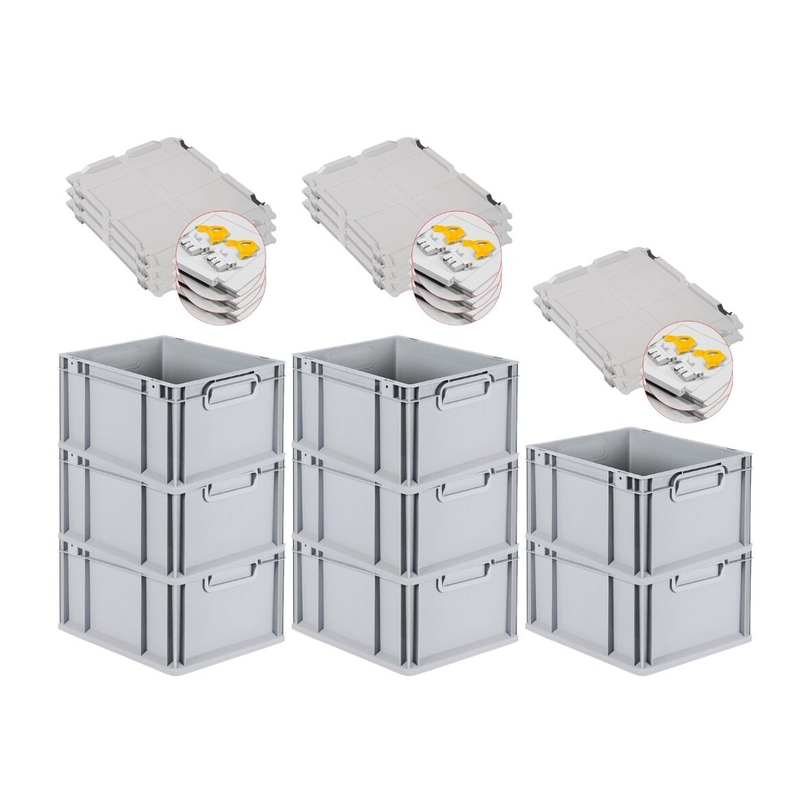 PROREGAL 8x Eurobox NextGen Grip mit Scharnierdeckel & gelben Verschlüssen | HxBxT 22x30x40cm | 20 Liter | Griffe geschlossen | Glatter Boden
