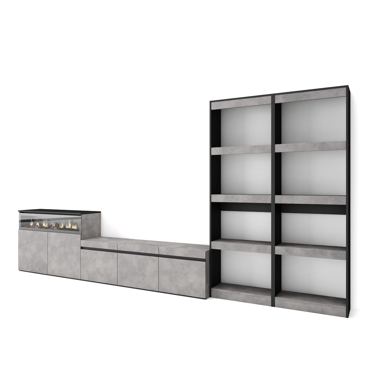 SKRAUT HOME Wohnzimmer-TV-Schrank, Wohnzimmer-Wandsystem, 370x186x35cm, Für TV-Geräte bis 65“, Elektrischer Kamin, Moderner Stil, Zementgrau - 
