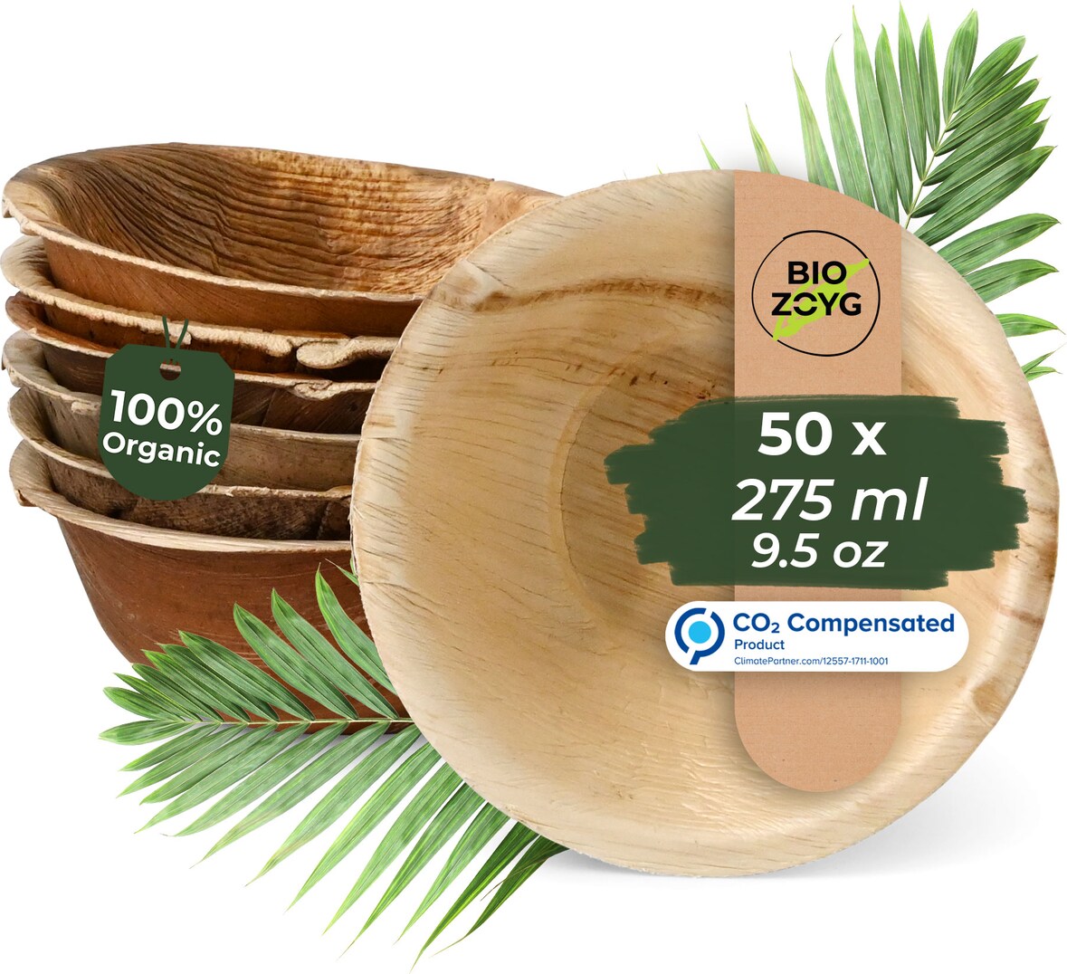BIOZOYG 50 Stück runde Einwegschalen Palmblattschalen 275ml für Partys, umweltfreundliches Biogeschirr, Einmalgeschirr, biologisch abbaubar