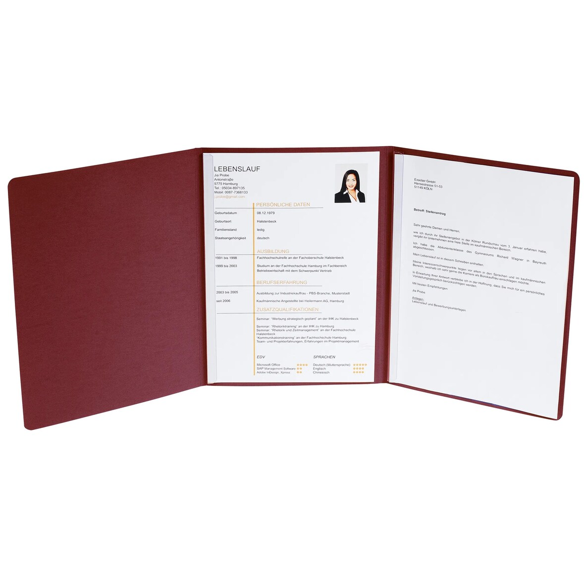 Exacompta 49208B 5x Bewerbungsmappe aus Colorspan-Karton 400g/qm mit Leinenoptik, 3-teilig mit 2 Klemmschienen, DIN A4 - Bordeauxrot