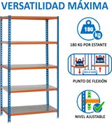 thumbnail of SimonRack Estantería Metálica, 1800x900x400 mm, 5 Alturas, Bandeja Metal, 180 kg de Punto Flexión, Azul/Naranja/Galva - Simonclick