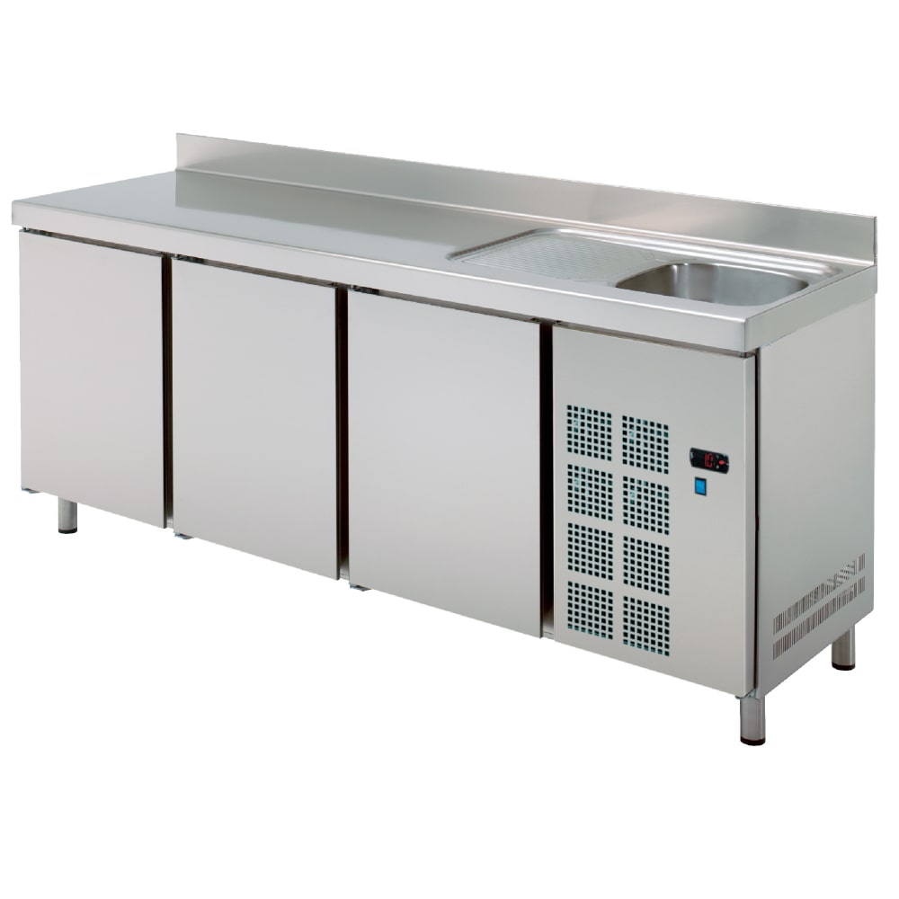 Kühler tisch 3 türen und spüle mit abtropfbecken - 2020x600x850 mm - 220 W 230/1V - 73089509 Eurast