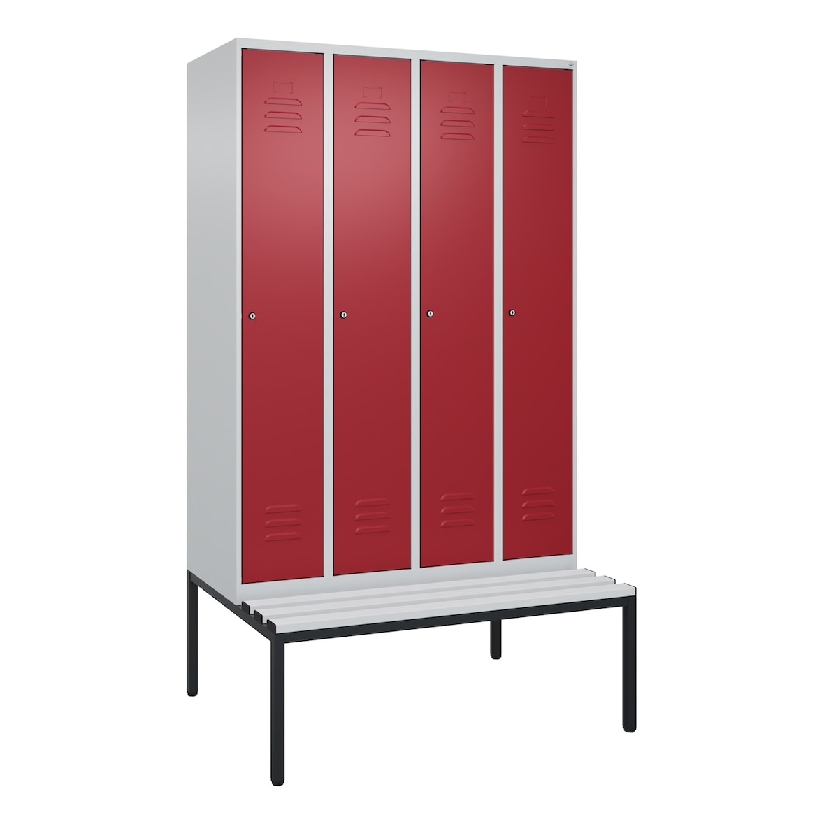 C+P Spind Classic PLUS, Kunststoff untergebaute Sitzbank, 4 Abteile, HxBxT 212x120x82cm, Zylinderschloss, Hellgrau/Rubinrot von PROREGAL