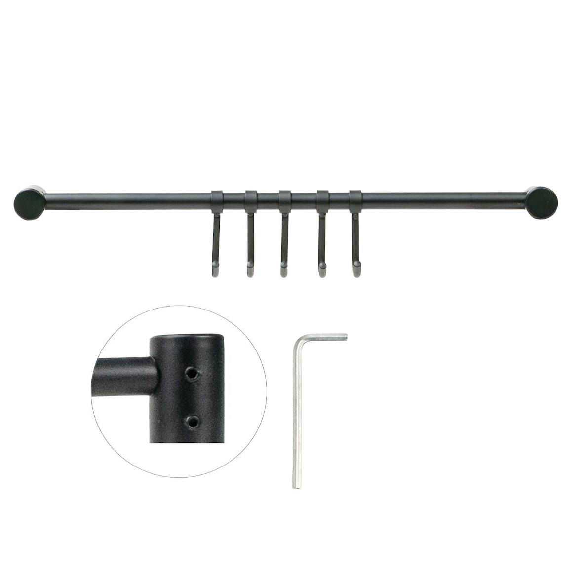Intirilife Edelstahl Küche Hängeleiste zum bohren mit 5 Haken in Schwarz - 35.5 x 6.3 x 2.1 cm - Küchen Reling Hakenleiste Küchenstange Wandhalterung