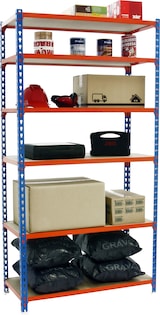 thumbnail of SimonRack Estantería Metálica, 2500x1200x400 mm, 6 Alturas, Bandeja Madera, 200 kg de Punto Flexión, Azul/Naranja/Madera - Maderclick