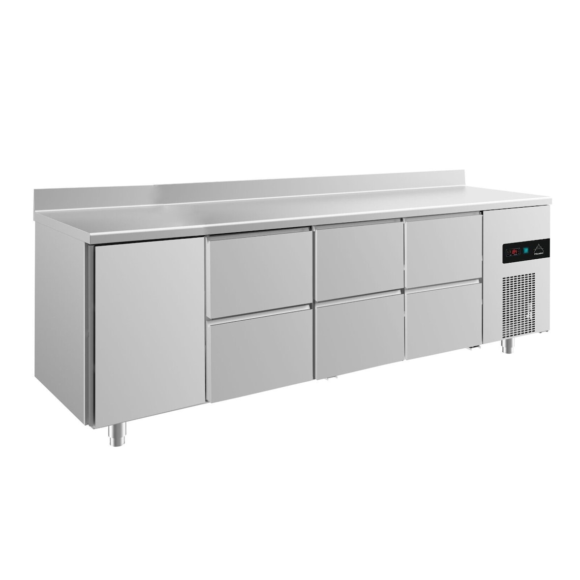 Gastro Kühltisch 1 Tür links je 2 Schubladen mittig&rechts Umluftkühlung Aufkantung, 2330x700x850mm -2/+8°C 632l