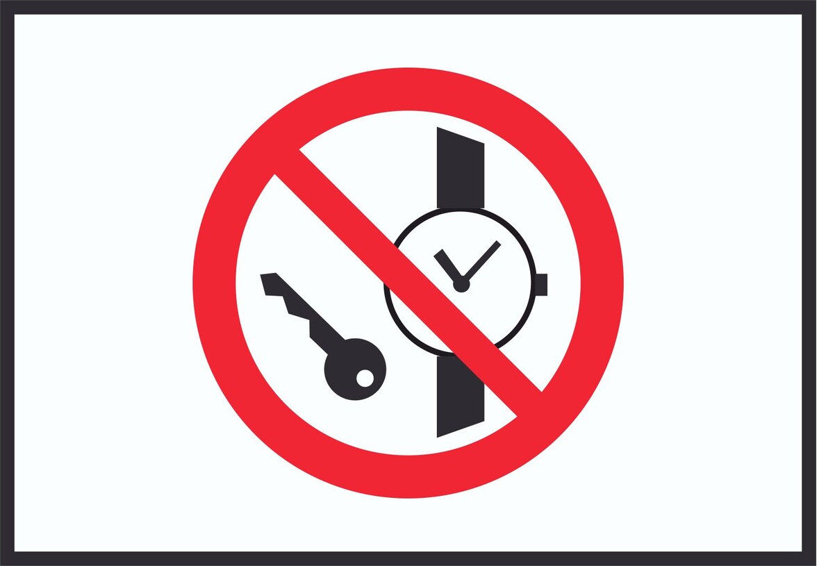 Mitführen von Metallteilen und Uhren verboten Symbol Schild A1 Rückseite selbstklebend