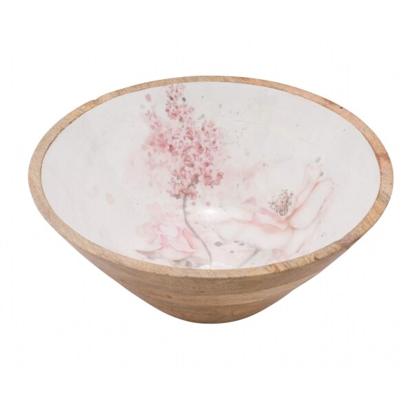NEU Mangoholzschale mit Blumen, weiß / rosa, 38 x 38 x 15,2 cm cm, handgefertigt, *Germany*