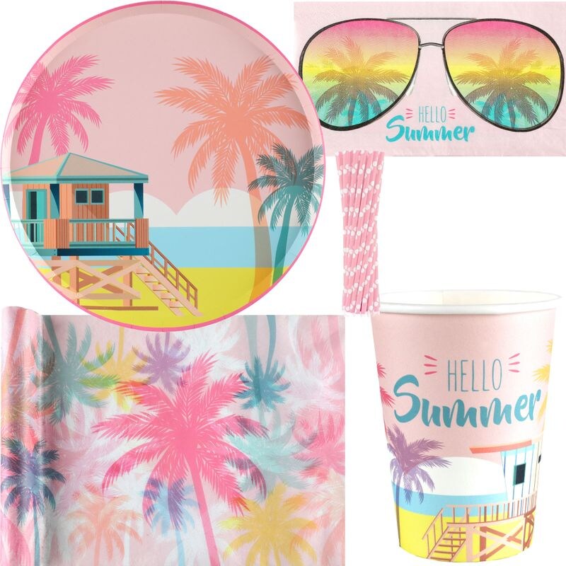 Sommer Partyset Palmen Teller Becher Servietten rosa Party Deko Poolparty Strand
