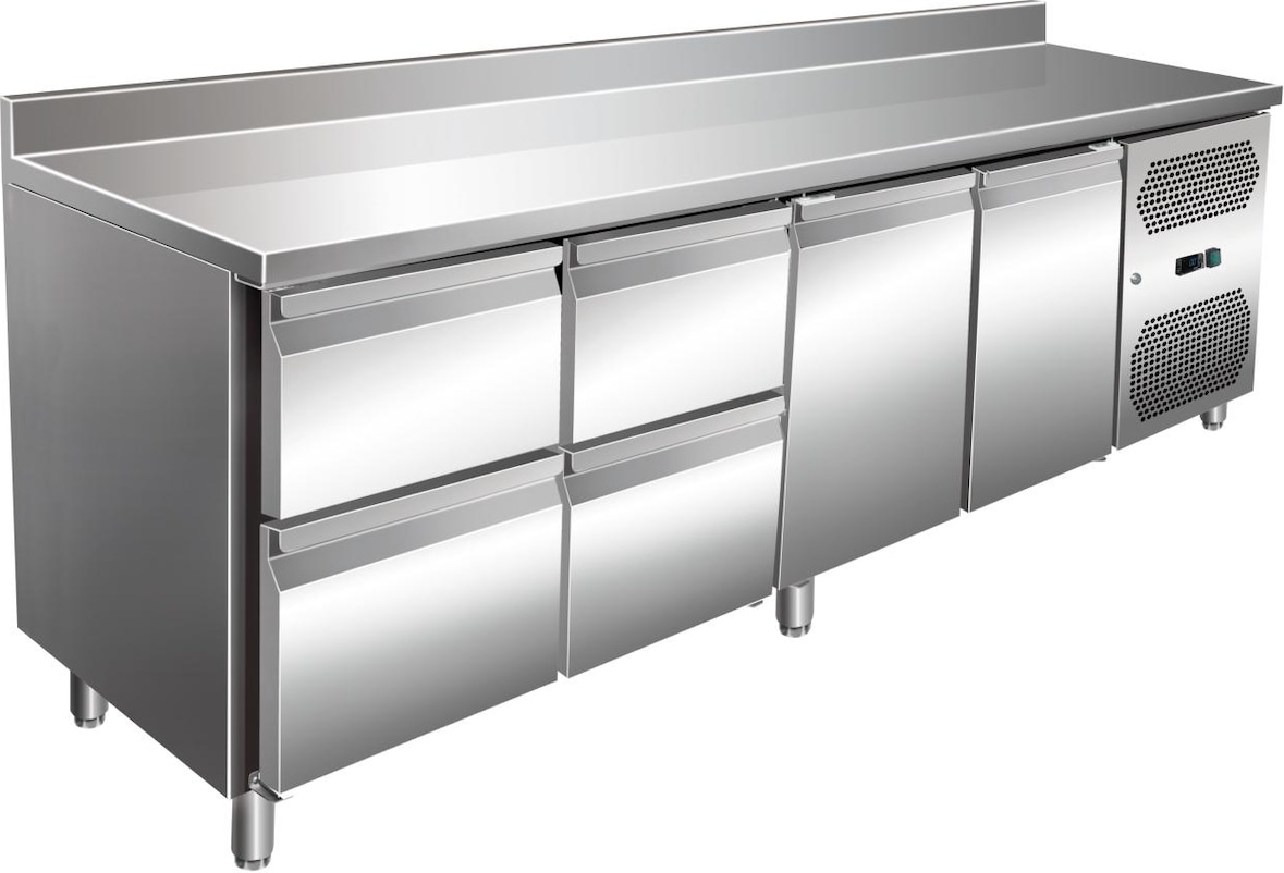 A&S VIP Kühltisch mit 2x 2 Schubladen und 2 Türen und Aufkantung -2 bis +8°C 2.230x700x960 mm