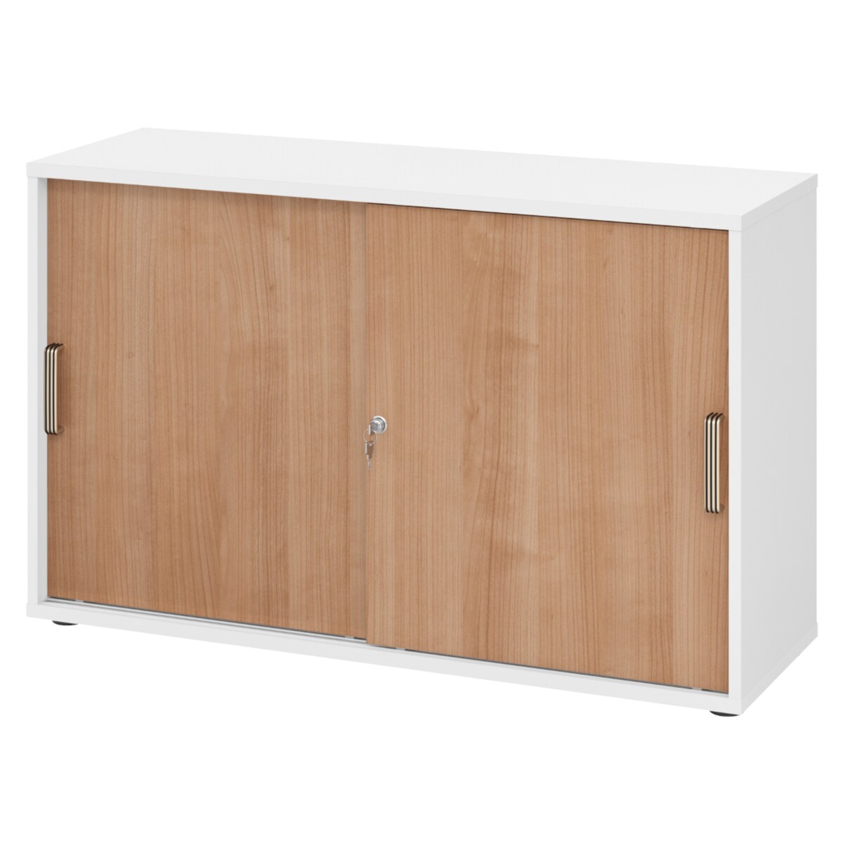 bümö Schiebetürenschrank 2OH - Aktenschrank abschließbar, Sideboard Schrank mit Schiebetüren in Weiß/Nussbaum, Streifengriff - Büroschrank aus Holz
