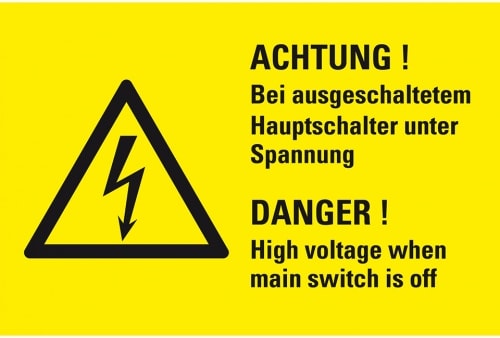 Aufkleber I Warn-Kombischild Achtung! Bei ausgesch.Hauptschalter., praxisbewährt, Folie, 300x200mm