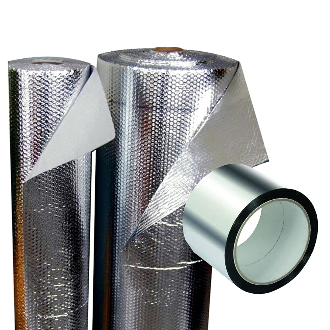 Aislante térmico reflexivo 100% aluminio y burbujas - Rollo 12m² (10m x 1,20) + Cinta Aluminio. Para calor y frío