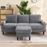 thumbnail of L-förmiges Ecksofa 202x137x80 cm mit Fußhocker, Getränkehaltern, USB, Stauraum, Holz- & Eisenrahmen, Leinenstoff, modern, komfortabel, Grau