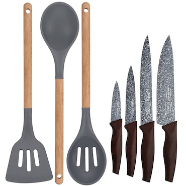San Ignacio - Set di 3 utensili da cucina in silicone con 4 coltelli in acciaio inossidabile della collezione Daimiel