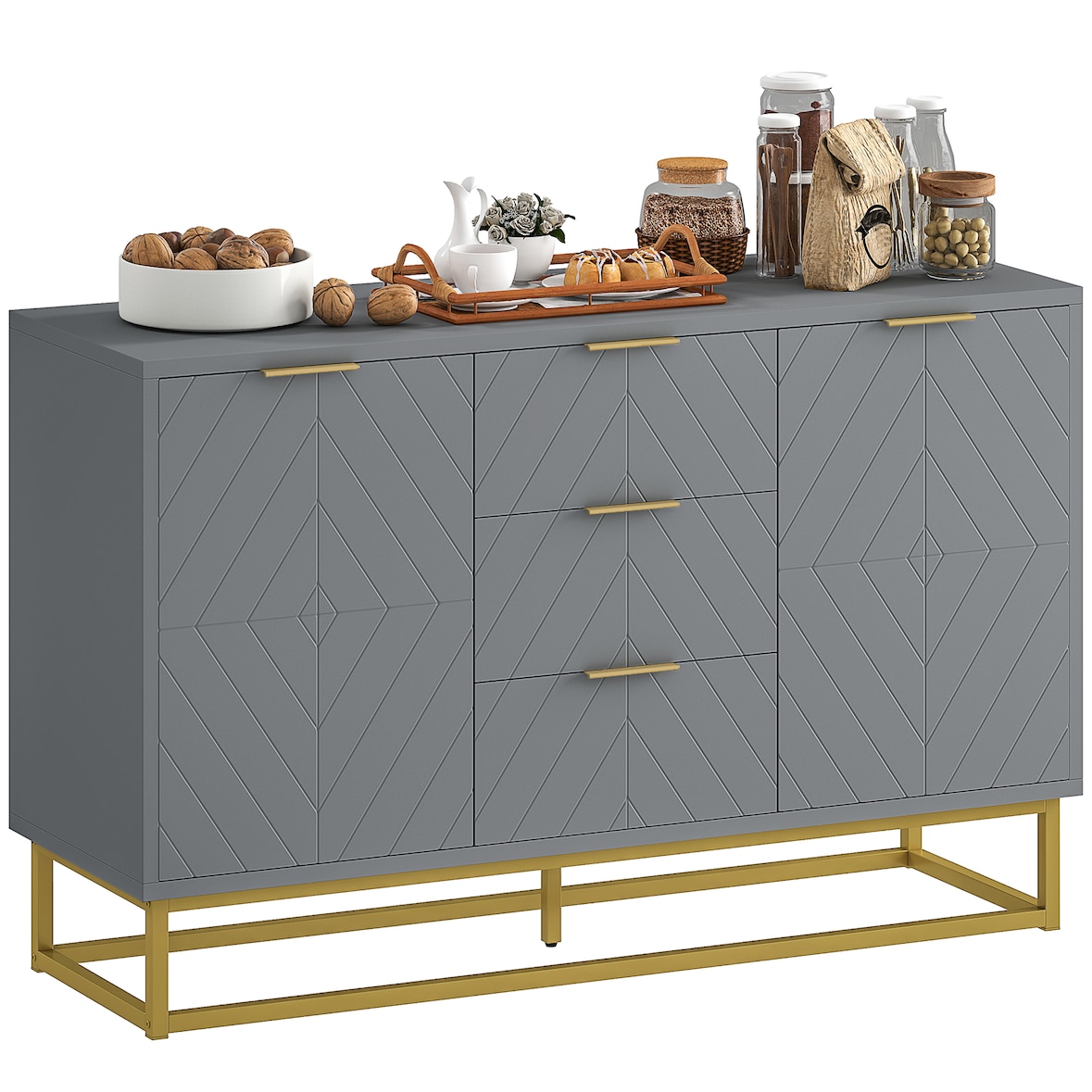 HOMCOM aparador moderno aparador para salón con 3 cajones 2 puertas y estante ajustable mueble auxiliar para salón antivuelco 120x40x76 cm gris