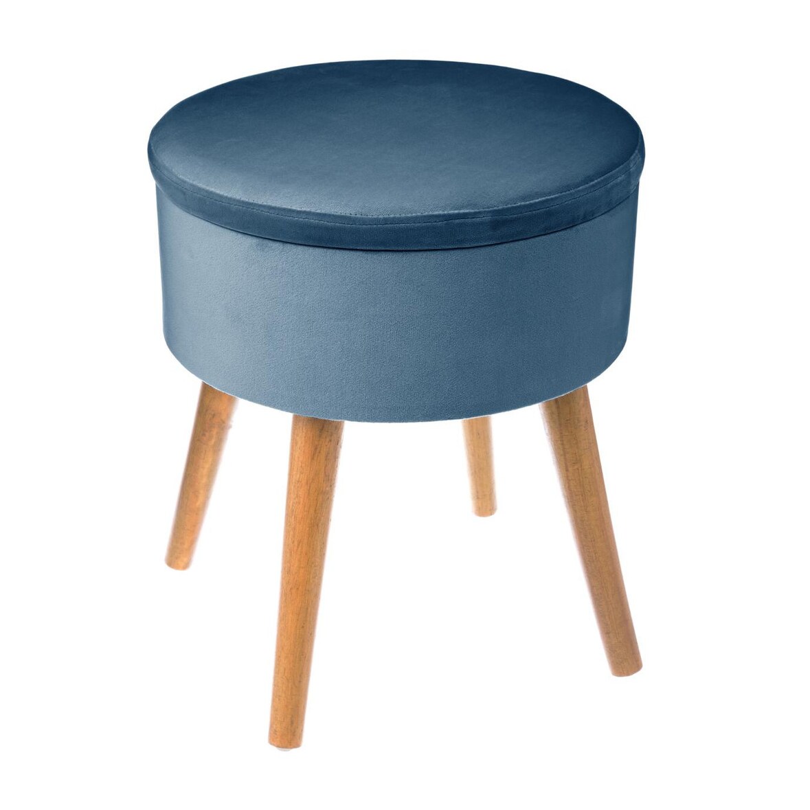 Tabouret avec Coffre en Velours Bleu et pieds en Bois naturel H 43 cm