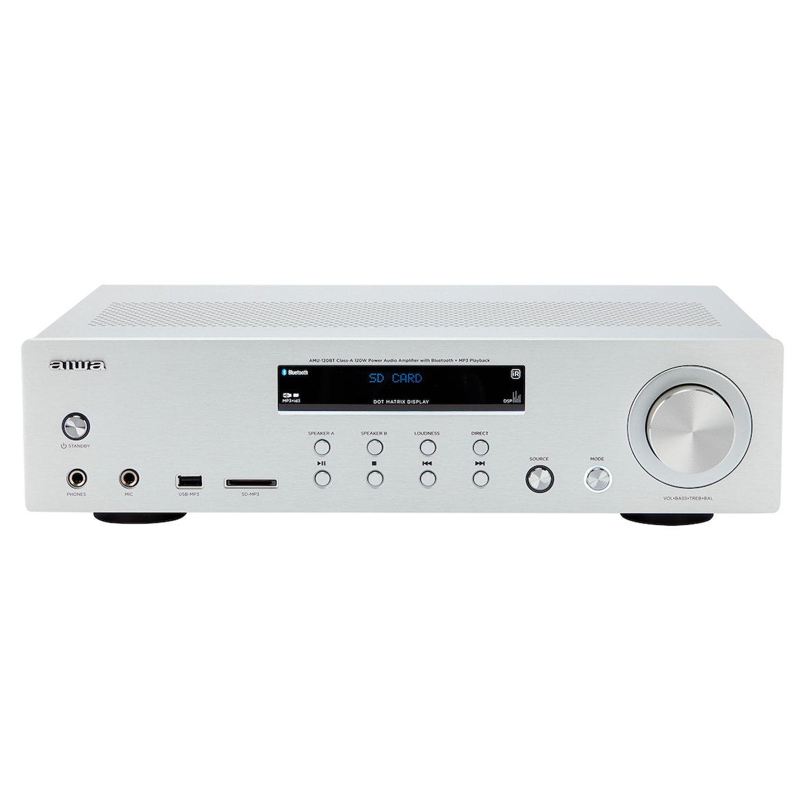 Amplificador de som Bluetooth AIWA AMU-120BTSL, Saída de áudio: 120W RMS, Reprodução MP3 por USB e cartões SD, até 128GB