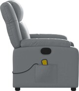 Grauer Massagesessel mit Fernbedienung und Tasche.