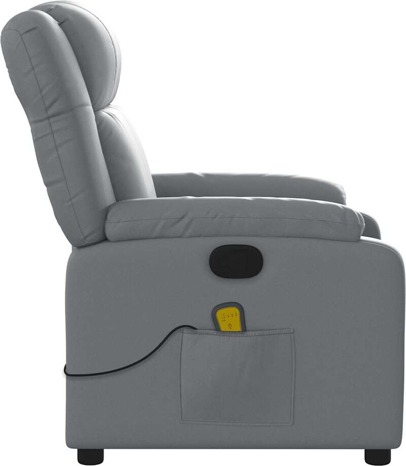 Grauer Massagesessel mit Fernbedienung und Tasche.