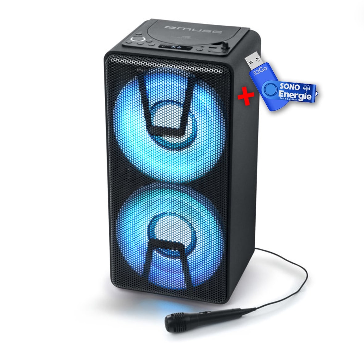 Enceinte autonome à LED Party box portable avec lecteur CD + Micro - BT/CD/AUX/USB - 150W+clé USB 32Go