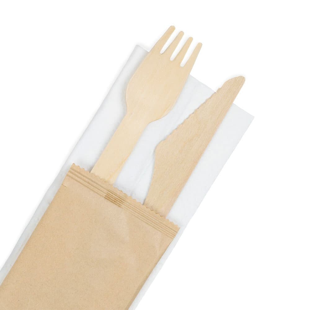 BIOZOYG 200 Stück Einweg-Besteck-Set Partybesteck, Biobesteck, kompostierbar, Holzbesteck Einwegmesser Einweggabeln und Serviette aus Recyclingpapier