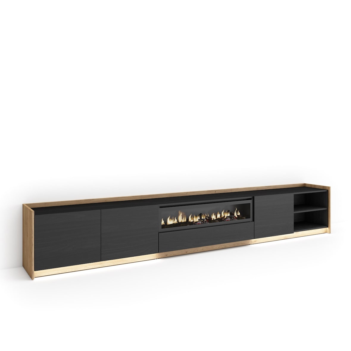 TV-Schrank, Lowboard, 310x50x37 cm, Für TV-Geräte bis zu 80", Elektrokamin., LED, Schwarz Eiche