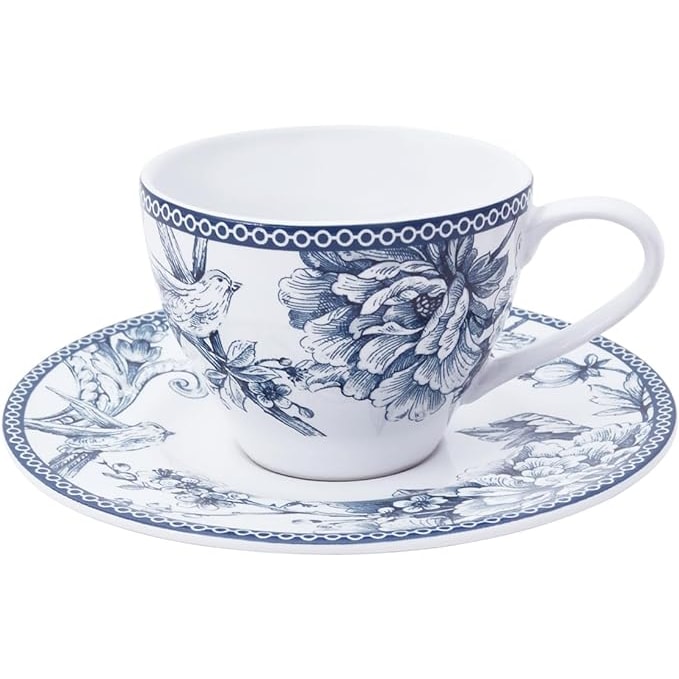 H&H Set 4 Tazze Tè Con Piattino Kensington, Porcellana, Blu, 240 cc