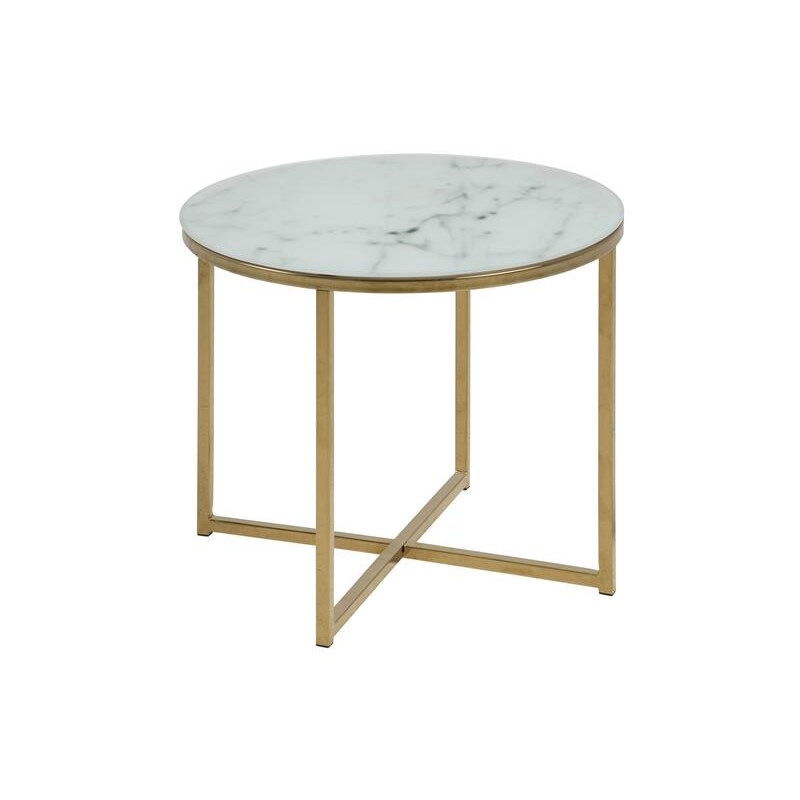 Almaz Ecktisch Ø 50 cm in Glas mit Marmor print und einem Gestell aus goldenen Chrom.
