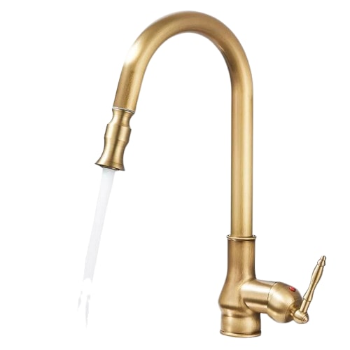 JANA | Grifo de cocina extraíble vintage de acero inoxidable de latón antiguo |mezclador arco alto |  alta presión giratorio 360° 2 conexiones