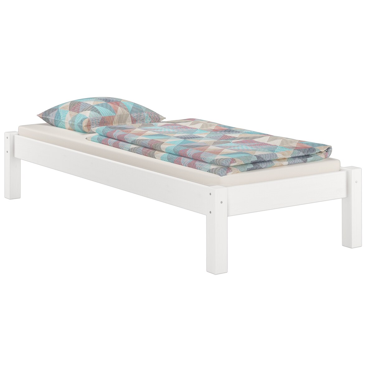 Weißes Futonbett ohne Kopfteil Kiefer massiv 90x200 mit Matratze und Rollrost 60.35-09WM