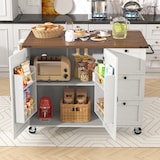 thumbnail of Kücheninsel Servierwagen Beige 140x73x93 cm mit klappbarer Arbeitsplatte, 3 Schubladen, Schrank mit Türen, 5 Rollen mit Feststellern