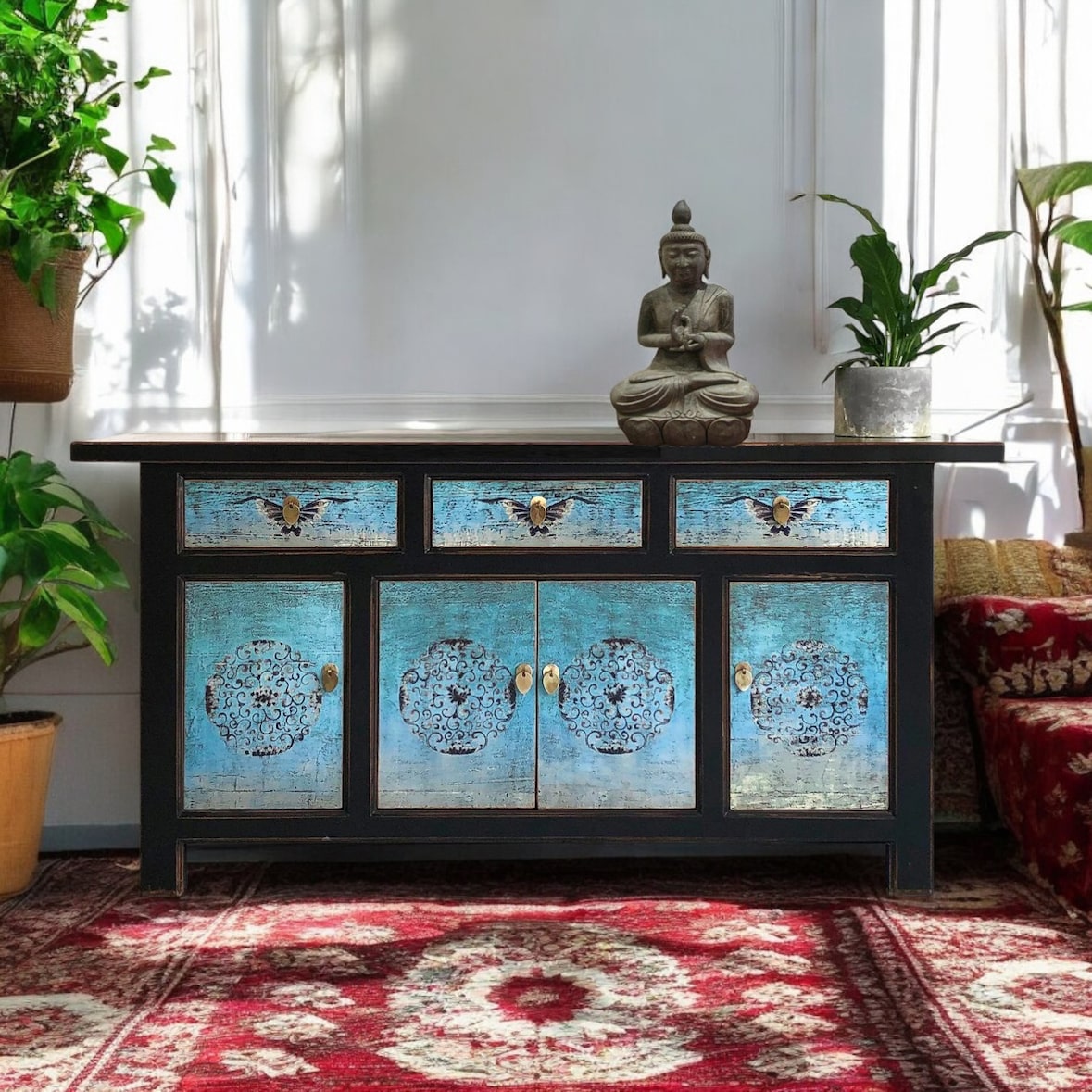 OPIUM OUTLET Möbel Kommode Schrank Sideboard Hochzeitsschrank 34372-5 schwarz-türkis asiatisch chinesisch orientalisch Holz