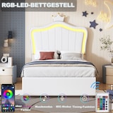 thumbnail of Modernes Polsterbett 90x200 mit LED-Beleuchtung, hydraulischem Stauraum, Muschel-Kopfteil mit Krone, Kunstleder, stabile Holz-Metall-Konstruktion Weiß