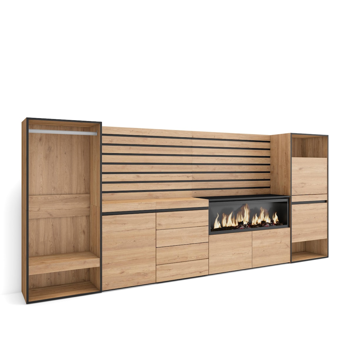 Aparador, 334x35x145cm, Dormitorio, habitación, Chimenea eléctrica XXL, Cómoda, Cajonera, Zapatero, Vestidor abierto, Roble _448_64