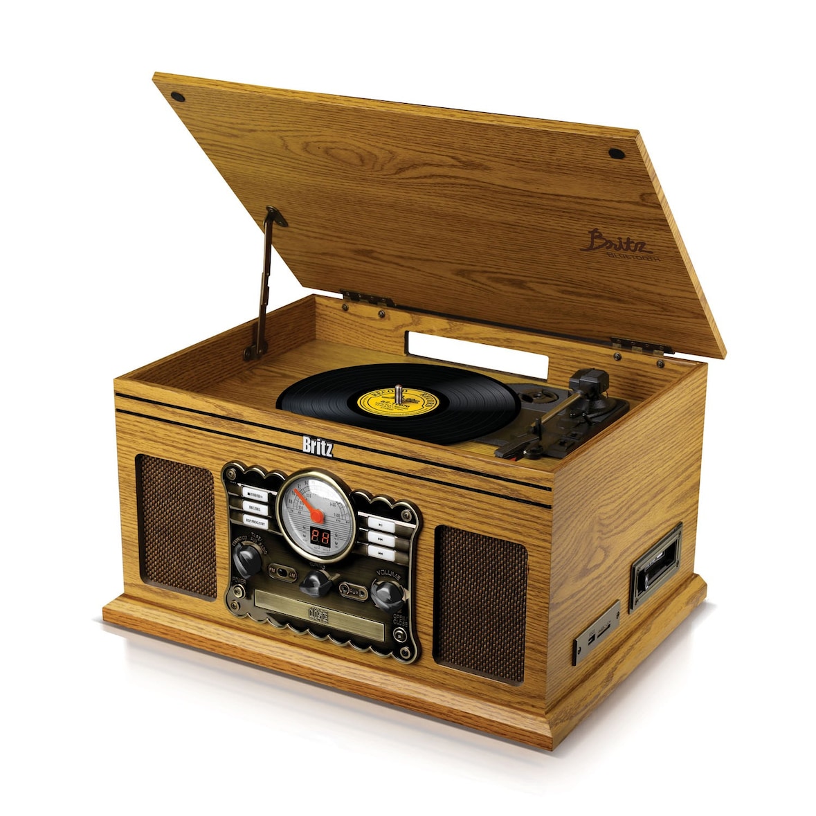 Tourne-Disque RETRO- Britz - 50W- 33/45/78 Tours - USB SD / Bluetooth RADIO FM / Lecteur CD/Cassette  - 2 HP Stéréo - Bois