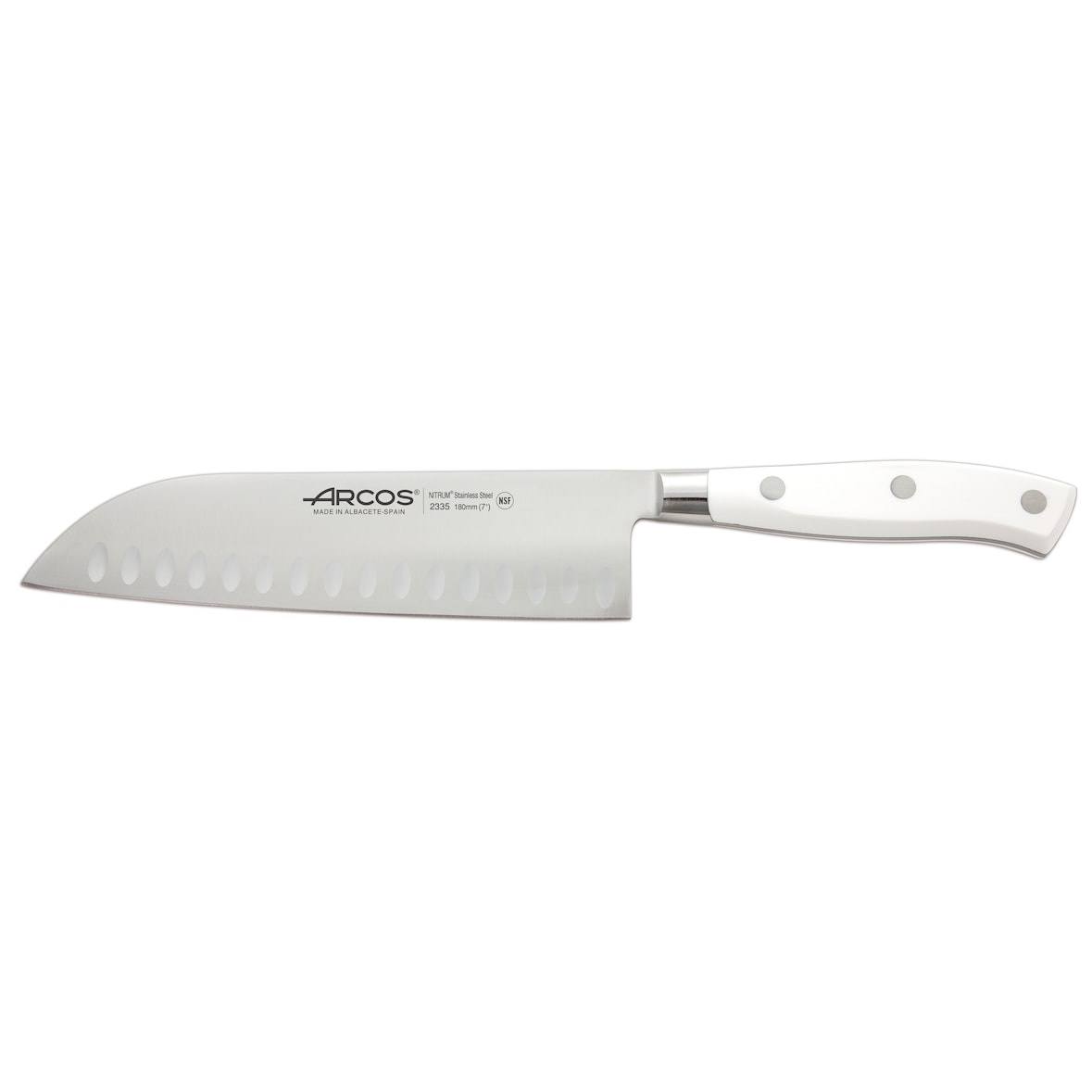 Arcos Cuchillo Santoku Cuchillo Asiático, Hoja de Acero Inoxidable Forjado NITRUM 180 mm, Mango de Polioximetileno (POM), Color Blanco