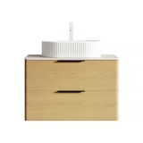 thumbnail of Badezimmer-Waschtisch 62×75×46 cm mit ovalem Keramikwaschbecken, Travertin-Sintersteinplatte, Eichenholz-Schrank mit 2 Schubladen, Beige