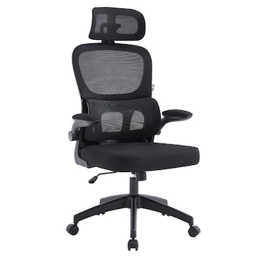 Sedia Ufficio Poltrona Girevole Ergonomica in Tessuto con Braccioli e Poggiatesta, Supporto Lombare, Altezza Regolabile, Direzionale - Nero