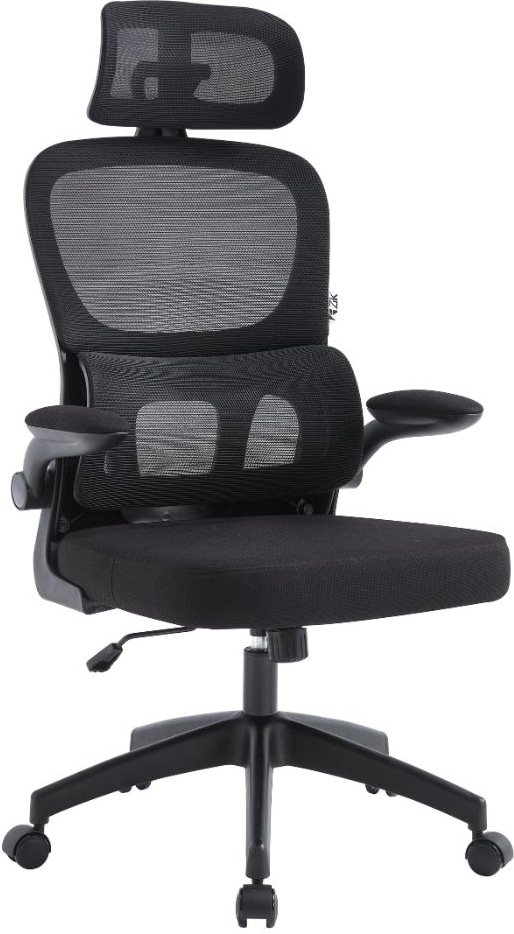 Sedia Ufficio Poltrona Girevole Ergonomica in Tessuto con Braccioli e Poggiatesta, Supporto Lombare, Altezza Regolabile, Direzionale - Nero