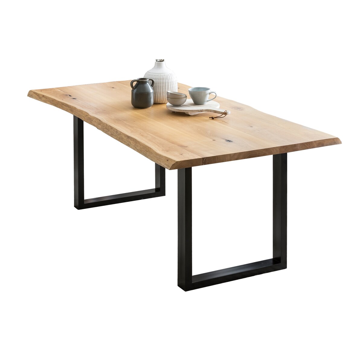 SalesFever Esstisch Baumkante | 240 x 100 cm | Tischplatte Eichenholz massiv | Gestell Metall schwarz | B 240 x T 100 x H 75 cm | natur