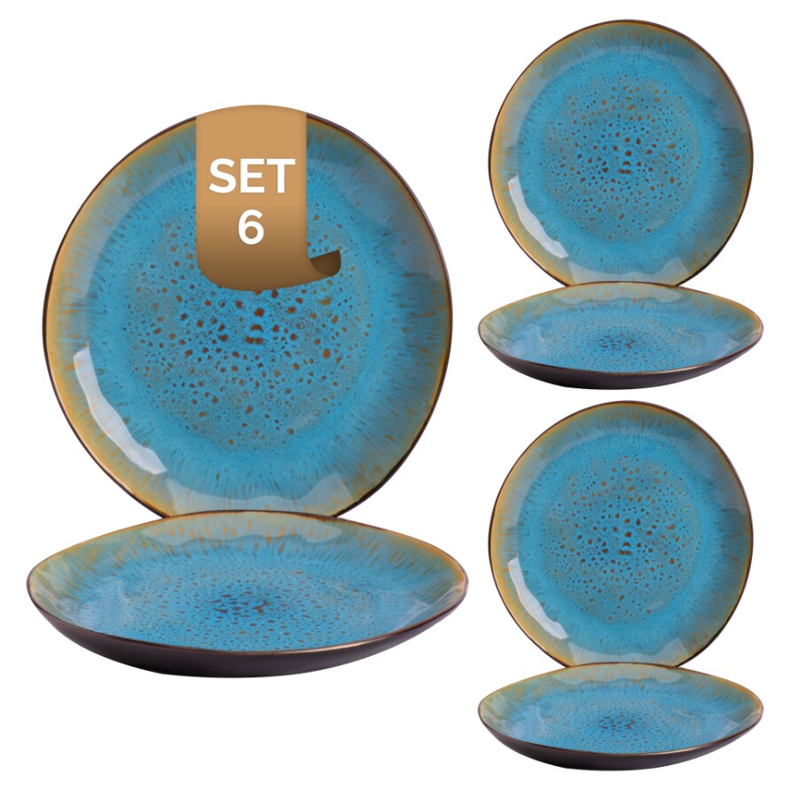 6 x palmer Lotus Teller flach, Steinzeug, Ø 20,5 cm, für ein 6 Personen Gedeck, außen dunkelbraun matt, innen türkis glänzend, Farbverlauf.