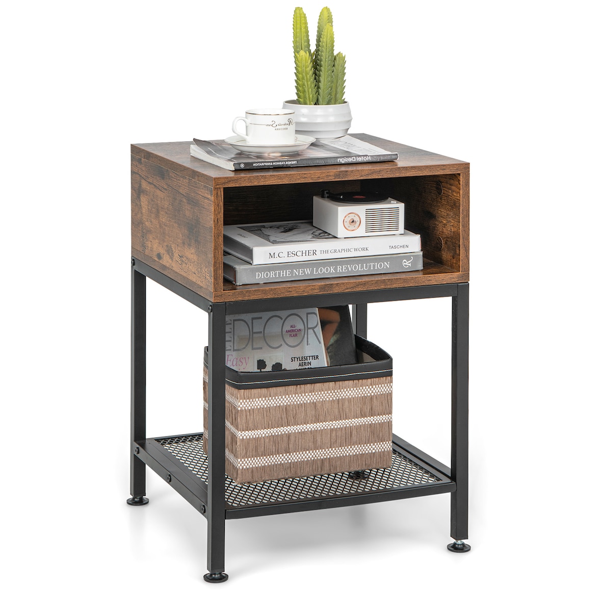 COSTWAY Industriedesign Beistelltisch Nachttisch Sofatisch mit Metallgestell und Gitterablage (braun)
