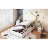 thumbnail of Modernes Polsterbett 90x200 mit LED-Beleuchtung, hydraulischem Stauraum, Muschel-Kopfteil mit Krone, Kunstleder, stabile Holz-Metall-Konstruktion Weiß