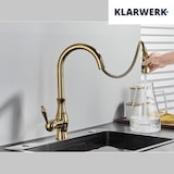 thumbnail of NAVIS | Elegante grifo de cocina extraíble en acero inoxidable dorado, arco alto, mezclador de lujo, alta presión, 360°, 2 conexiones