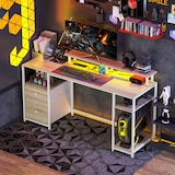 thumbnail of Mesa de escritorio mesa de ordenador con luces LED estantes cajones tomas de corriente puertos USB y soporte para monitor 155,5x48x75,5 cm natural