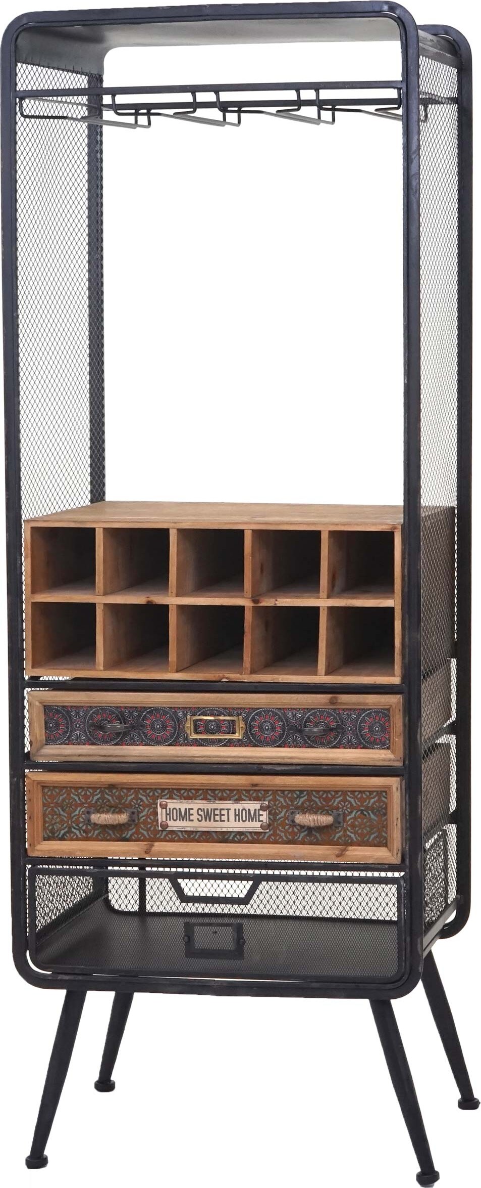Weinregal für 10 Flaschen, Zubehör und Gläser | HxBxT 157x57x38cm | Holz Vintage | Tanne | Flaschenregal Barschrank Weinständer Gläser