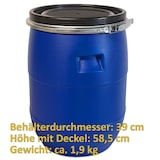 thumbnail of plasteo® 60 Liter Deckelfass mit Spannring blau Weithalsfass, Lebensmittelecht, BPA-Frei, Futtertonne Kunststofffass Deckelfass Regentonne